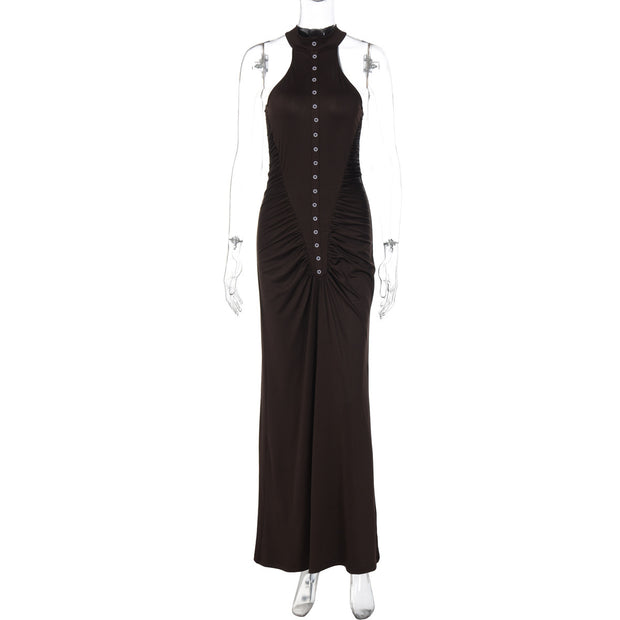 Fashionable Slim-fit Creased Button Round Neck Sleeveless Dress