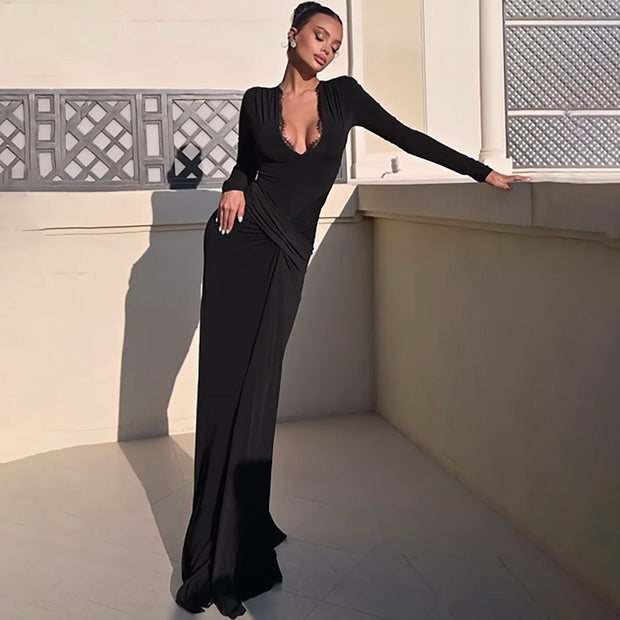 Fashionable Slim-fit Tight Waist Twisted Solid Color Long-sleeved Dress