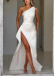 Women’s One-Shoulder Satin Dress – Sexy Backless Slit Summer Outfit