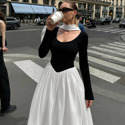 Women's Fashion Sexy Strapless Long Sleeve Color Contrast Patchwork Dress