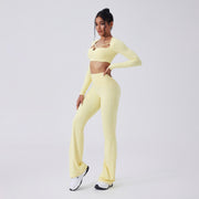 Color-blocking Yoga Hollow-out Slim-fit High-waist Flared Pants Long Sleeve Set