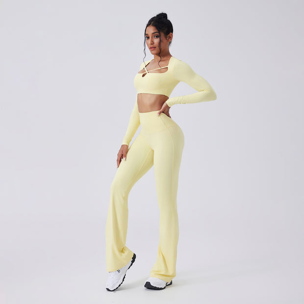 Color-blocking Yoga Hollow-out Slim-fit High-waist Flared Pants Long Sleeve Set