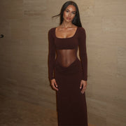 European And American Hot Mesh Stitching Stretch Slim-fit Long-sleeved Dress