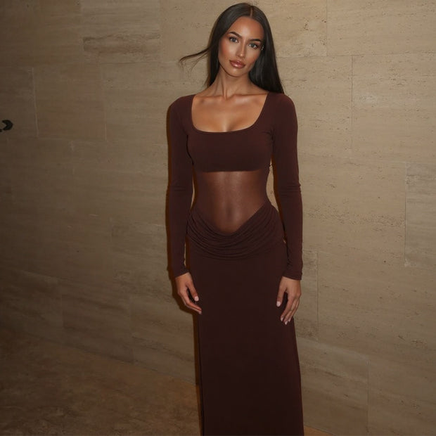 European And American Hot Mesh Stitching Stretch Slim-fit Long-sleeved Dress