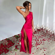 Women’s One-Shoulder Satin Dress – Sexy Backless Slit Summer Outfit