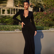 Fashionable Slim-fit Tight Waist Twisted Solid Color Long-sleeved Dress