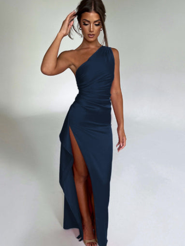 Women’s One-Shoulder Satin Dress – Sexy Backless Slit Summer Outfit