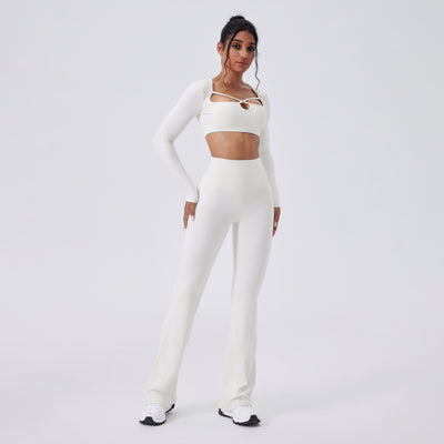 Color-blocking Yoga Hollow-out Slim-fit High-waist Flared Pants Long Sleeve Set