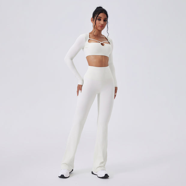 Color-blocking Yoga Hollow-out Slim-fit High-waist Flared Pants Long Sleeve Set