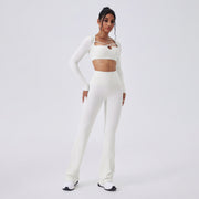 Color-blocking Yoga Hollow-out Slim-fit High-waist Flared Pants Long Sleeve Set