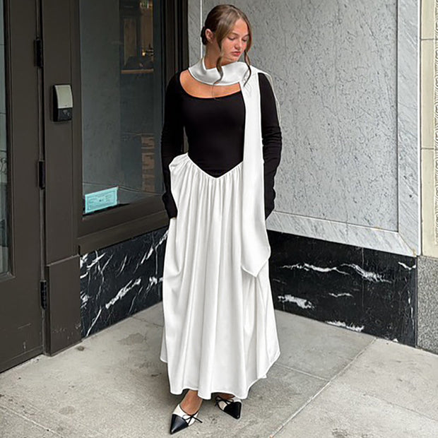 Women's Fashion Sexy Strapless Long Sleeve Color Contrast Patchwork Dress