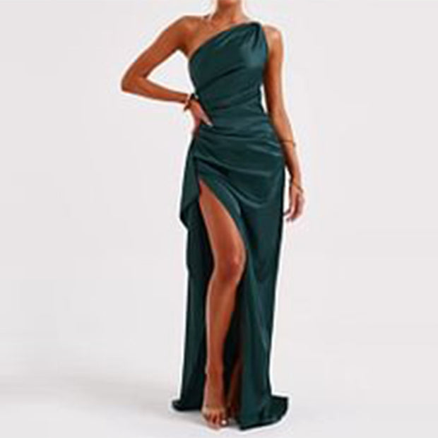Women’s One-Shoulder Satin Dress – Sexy Backless Slit Summer Outfit